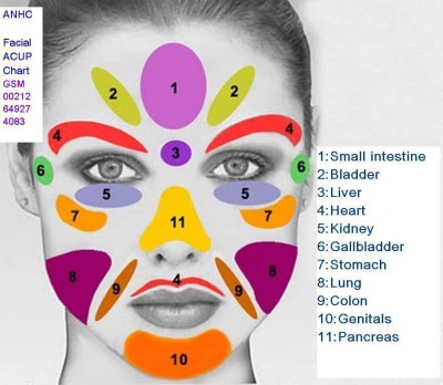 This image shows the reflexology points on the face, which correspond to the lymph nodes and show the acupressure cross references to the rest of the body.